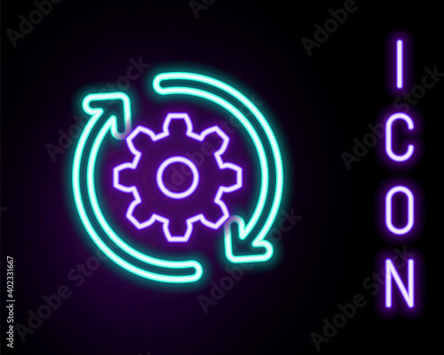 Glowing neon line Gear and arrows as workflow concept icon isolated on black background. Gear reload sign. Colorful outline concept. Vector.