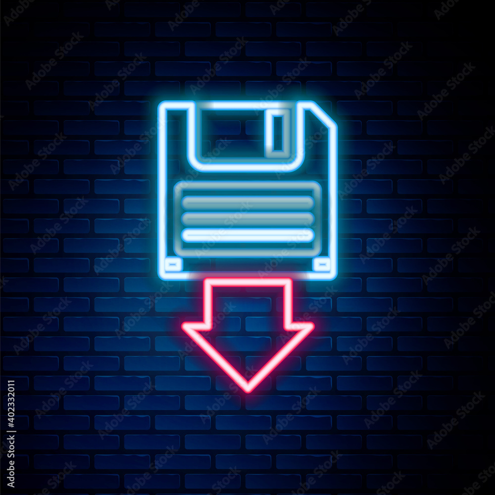 Glowing neon line Floppy disk backup icon isolated on brick wall background. Diskette sign. Colorful outline concept. Vector. Glowing neon line Floppy disk backup icon isolated on brick wall background. Diskette sign. Colorful outline concept. Vector.