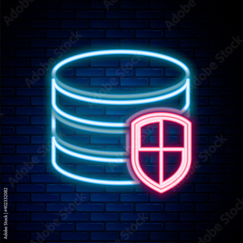 Glowing neon line Database protection icon isolated on brick wall background. Secure database icon. Colorful outline concept. Vector.