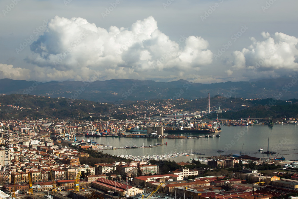 Panorama view of La Spezia port, one of the largest commercial ports of Liguria, located in the northernmost part of the Gulf of La Spezia, Italy, Europe.