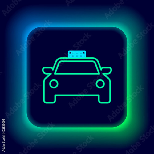 Glowing neon line Taxi car icon isolated on black background. Colorful outline concept. Vector.