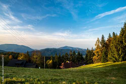 Smrk and Lysa hora hills from Bobek hill in Moravskoslezske Beskydy mountains on czech - slovakian borders photo