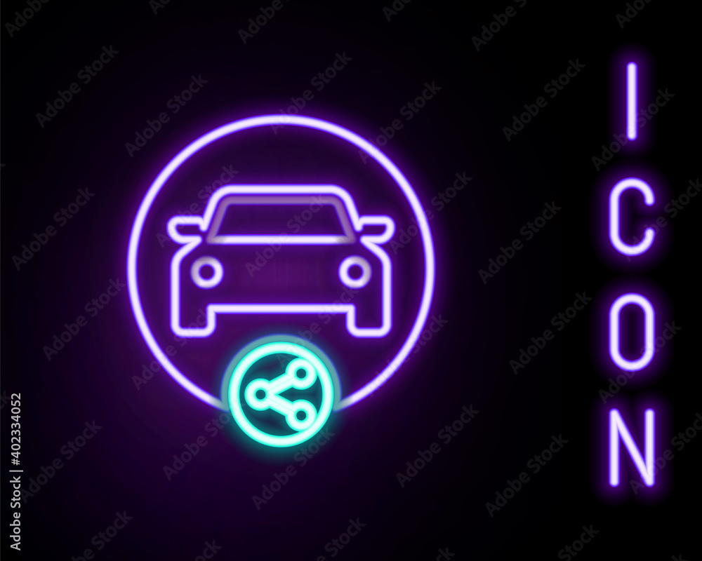 Glowing neon line Car sharing icon isolated on black background. Carsharing sign. Transport renting service concept. Colorful outline concept. Vector. Glowing neon line Car sharing icon isolated on black background. Carsharing sign. Transport renting service concept. Colorful outline concept. Vector.