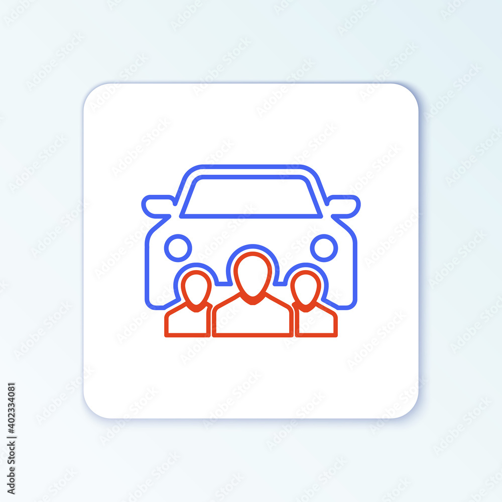 Line Car sharing with group of people icon isolated on white background. Carsharing sign. Transport renting service concept. Colorful outline concept. Vector.