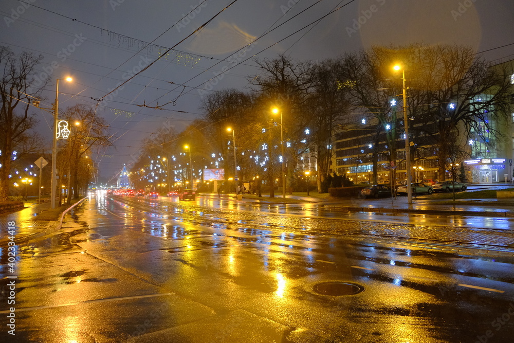 Street after the winter rain, Kaliningrad, Russia