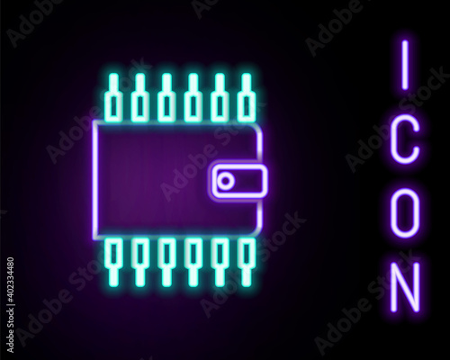 Glowing neon line Cryptocurrency wallet icon isolated on black background. Wallet and bitcoin sign. Mining concept. Money, payment, cash, pay icon. Colorful outline concept. Vector.