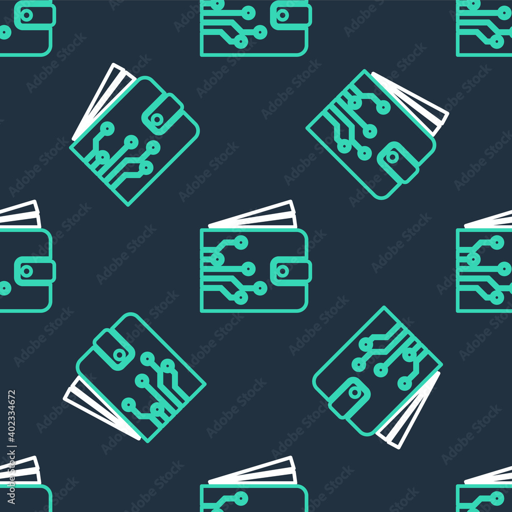 Line Cryptocurrency wallet icon isolated seamless pattern on black background. Wallet and bitcoin sign. Mining concept. Money, payment, cash, pay icon. Vector. Line Cryptocurrency wallet icon isolated seamless pattern on black background. Wallet and bitcoin sign. Mining concept. Money, payment, cash, pay icon. Vector.