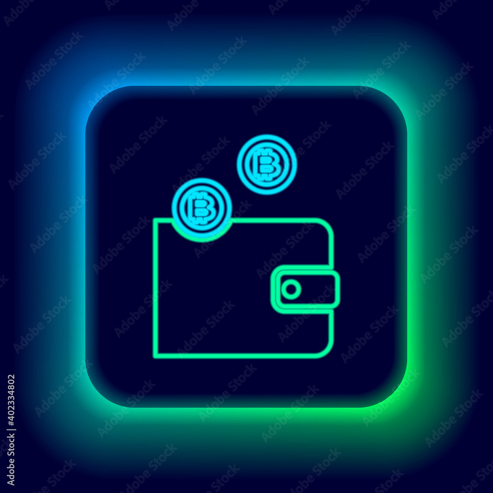 Glowing neon line Cryptocurrency wallet icon isolated on black background. Wallet and bitcoin sign. Mining concept. Money, payment, cash, pay icon. Colorful outline concept. Vector. Glowing neon line Cryptocurrency wallet icon isolated on black background. Wallet and bitcoin sign. Mining concept. Money, payment, cash, pay icon. Colorful outline concept. Vector.