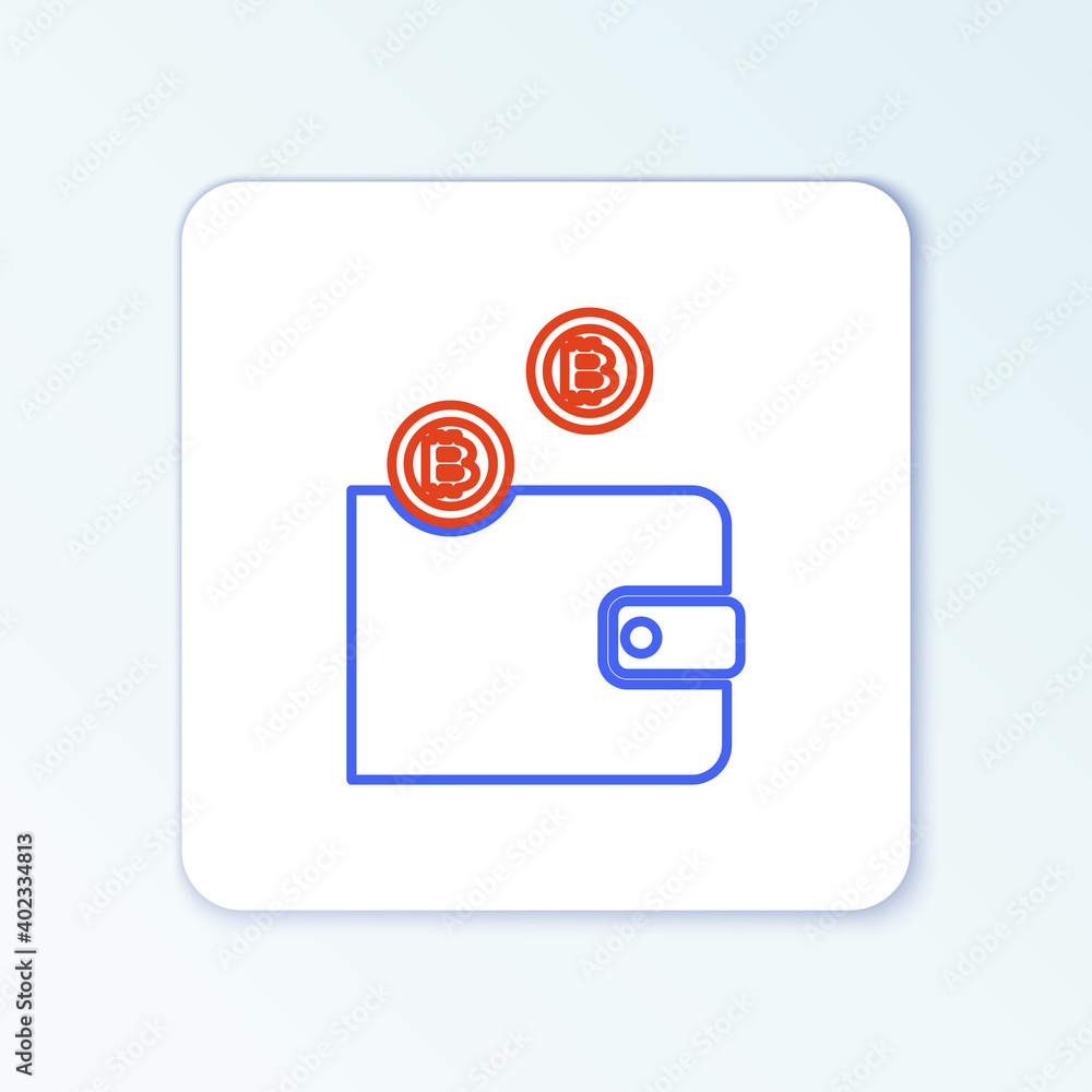 Line Cryptocurrency wallet icon isolated on white background. Wallet and bitcoin sign. Mining concept. Money, payment, cash, pay icon. Colorful outline concept. Vector. Line Cryptocurrency wallet icon isolated on white background. Wallet and bitcoin sign. Mining concept. Money, payment, cash, pay icon. Colorful outline concept. Vector.