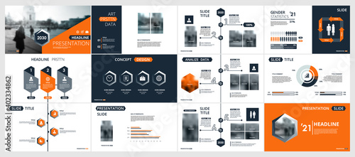 Abstract white, orange, slides. Brochure cover design. Fancy info banner frame. Creative set of infographic elements. Urban. Title sheet model set. Modern vector. Presentation templates, corporate.