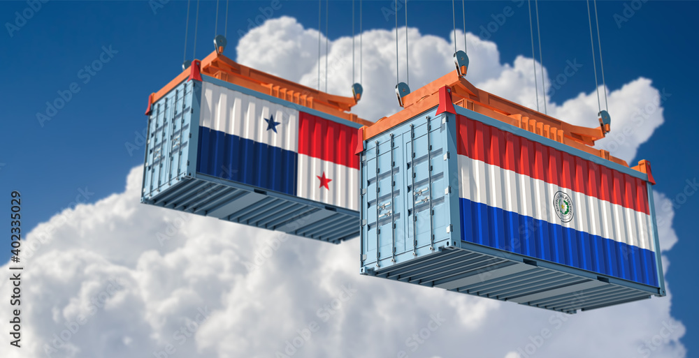 Freight containers with Paraguay and Panama national flags. 3D Rendering 