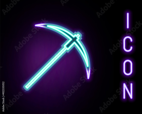 Glowing neon line Pickaxe icon isolated on black background. Blockchain technology, cryptocurrency mining, bitcoin, digital money market, cryptocoin wallet. Colorful outline concept. Vector.