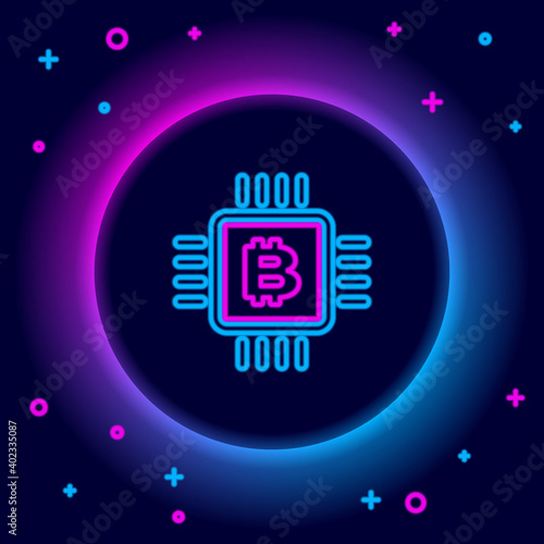 Glowing neon line CPU mining farm icon isolated on black background. Bitcoin sign inside microchip. Cryptocurrency mining community. Digital money. Colorful outline concept. Vector.