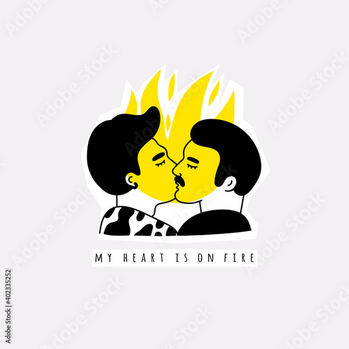 My heart is on fire. Gay male Couple being loving and happy. Two guys kissing. Pride community concept. Hand drawn Vector illustration. Isolated on white background