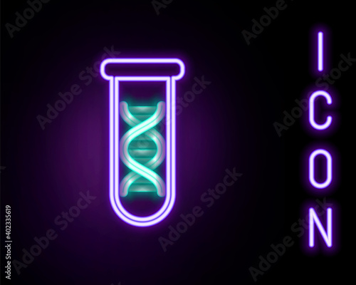 Glowing neon line DNA research, search icon isolated on black background. Genetic engineering, genetics testing, cloning, paternity testing. Colorful outline concept. Vector.