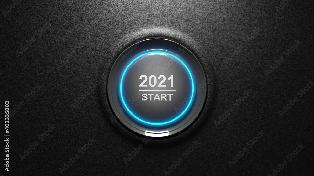 2021 - Press the start button. Concept of the New Year. 3D illustration 2021 - Press the start button. Concept of the New Year. 3D illustration