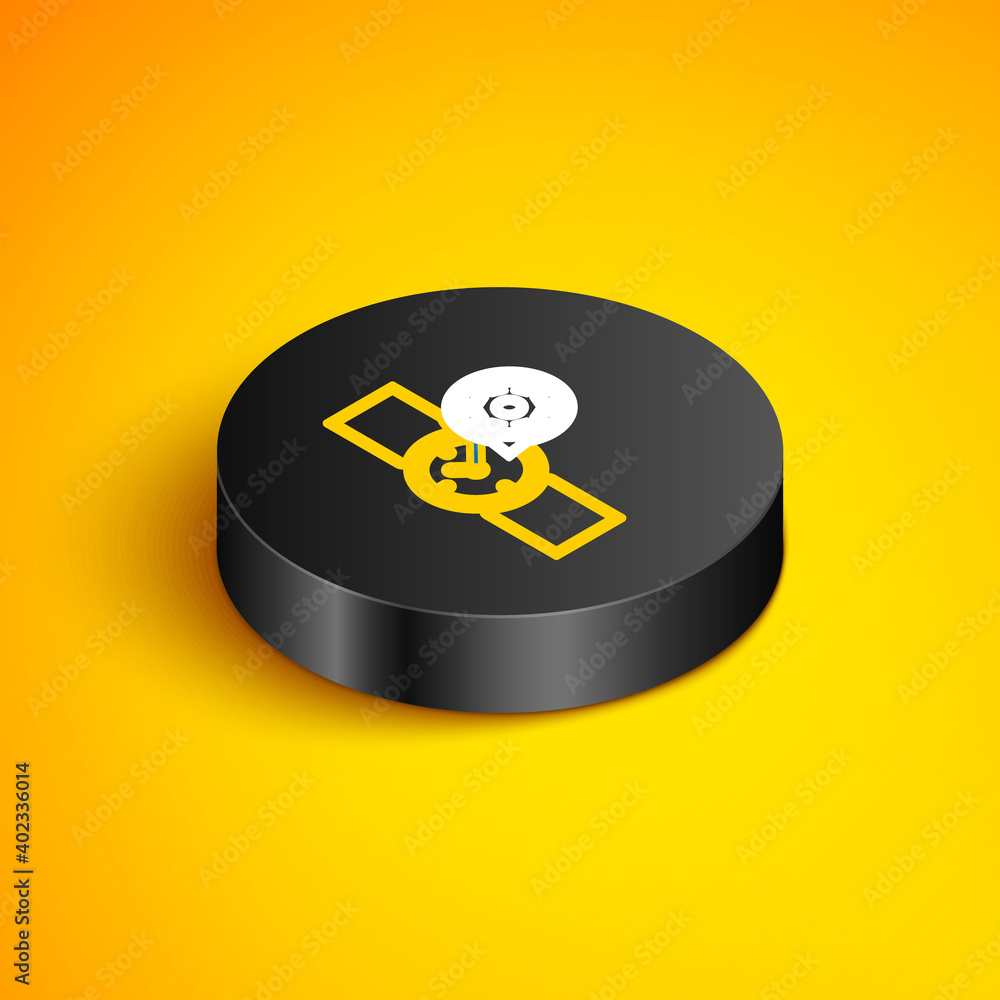Isometric line Wrist watch and gear icon isolated on yellow background. Adjusting app, service concept, setting options, maintenance, repair, fixing. Black circle button. Vector. Isometric line Wrist watch and gear icon isolated on yellow background. Adjusting app, service concept, setting options, maintenance, repair, fixing. Black circle button. Vector.