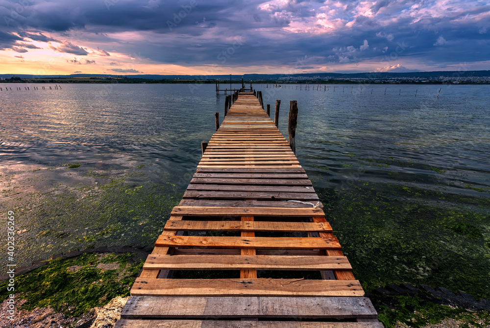 Exciting view from the shore with a wooden pier