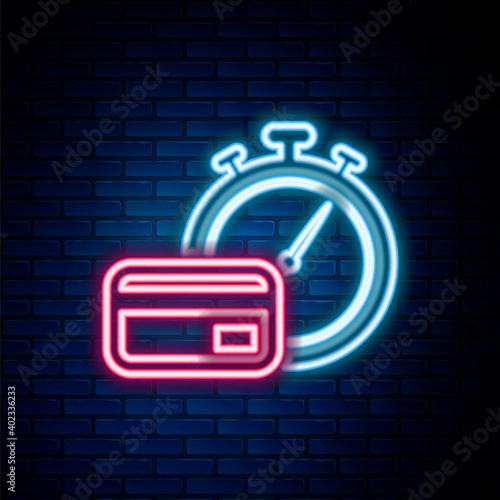 Glowing neon line Fast payments icon isolated on brick wall background. Fast money transfer payment. Financial services, fast loan, time is money, cash back concept. Colorful outline concept. Vector.