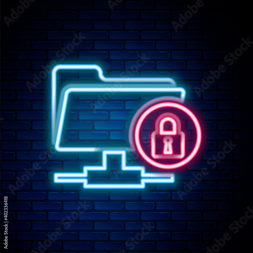 Glowing neon line FTP folder and lock icon isolated on brick wall background. Concept of software update, ftp transfer protocol. Security, safety, protection concept. Colorful outline concept. Vector.