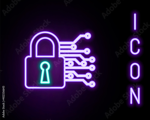 Glowing neon line Cyber security icon isolated on black background. Closed padlock on digital circuit board. Safety concept. Digital data protection. Colorful outline concept. Vector.