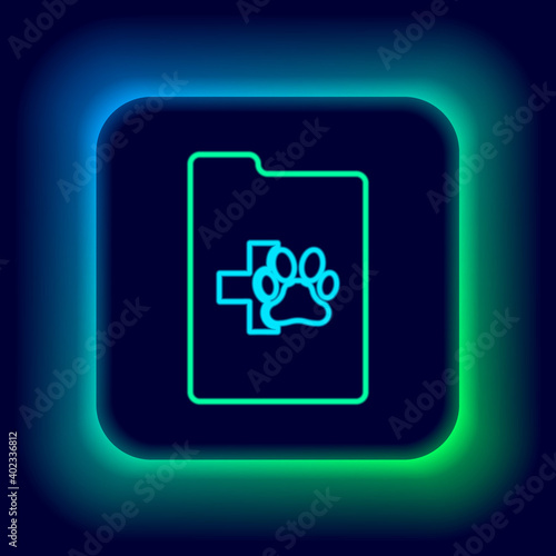 Glowing neon line Clipboard with medical clinical record pet icon isolated on black background. Health insurance form. Medical check marks report. Colorful outline concept. Vector.