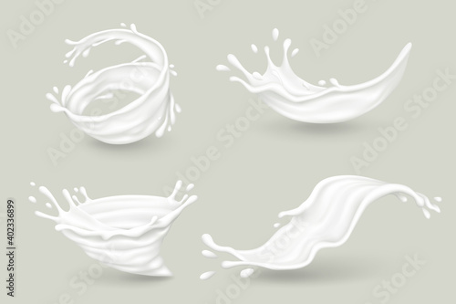 Milk splashes with drops on gray background. Realistic vector illustration.