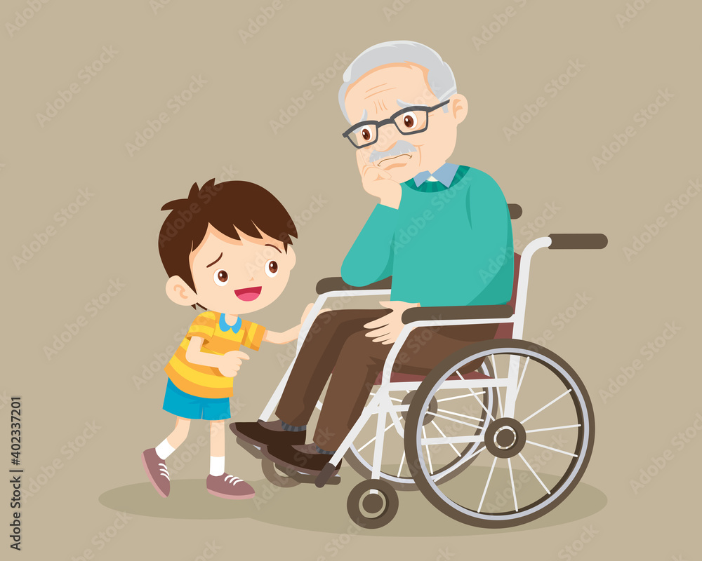 soothe sad grandfather sitting on wheelchair with grandchildren soothe sad grandfather sitting on wheelchair with grandchildren
