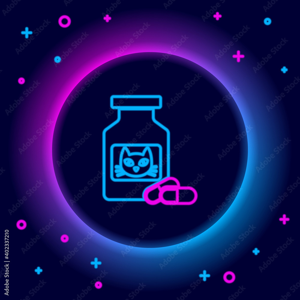 Glowing neon line Cat medicine bottle and pills icon isolated on black background. Container with pills. Prescription medicine for animal. Colorful outline concept. Vector. Glowing neon line Cat medicine bottle and pills icon isolated on black background. Container with pills. Prescription medicine for animal. Colorful outline concept. Vector.