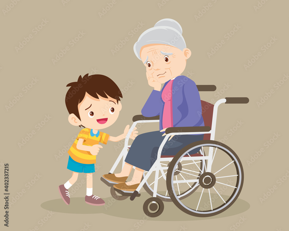 soothe sad grandmother sitting on wheelchair with grandchildren soothe sad grandmother sitting on wheelchair with grandchildren