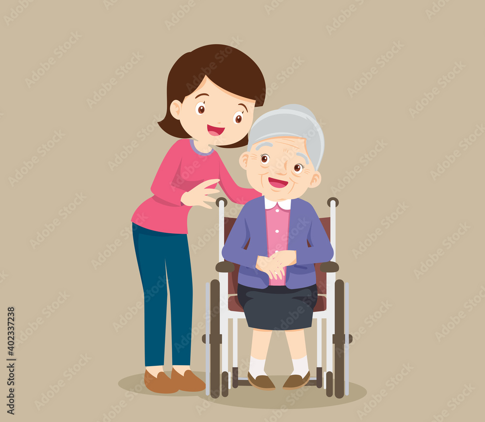 woman and grandmother sitting on wheelchair woman and grandmother sitting on wheelchair