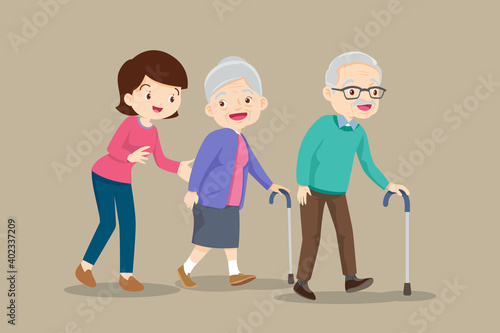woman help Elderly couple walking cane