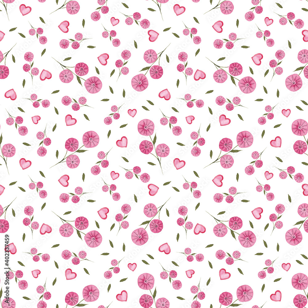 Watercolor pink flowers seamless pattern. Watercolor fabric. Repeat flowers. Use for design invitations, birthdays