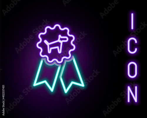 Glowing neon line Dog award symbol icon isolated on black background. Medal with dog footprint as pets exhibition winner concept. Colorful outline concept. Vector.