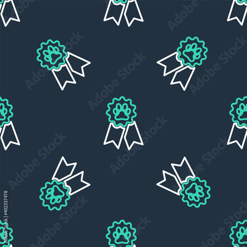 Line Pet award symbol icon isolated seamless pattern on black background. Badge with dog or cat paw print and ribbons. Medal for animal. Vector.