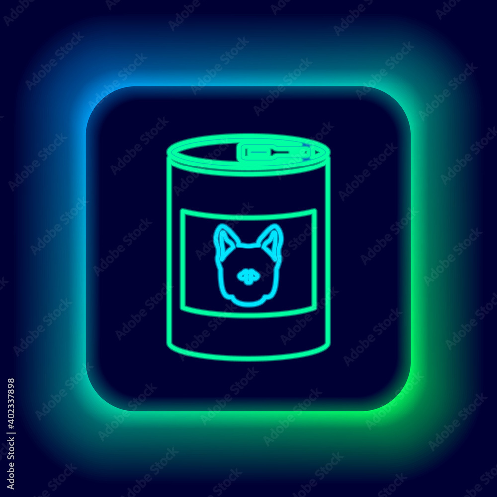 Glowing neon line Canned food for dog icon isolated on black background. Food for animals. Pet dog food can. Colorful outline concept. Vector. Glowing neon line Canned food for dog icon isolated on black background. Food for animals. Pet dog food can. Colorful outline concept. Vector.