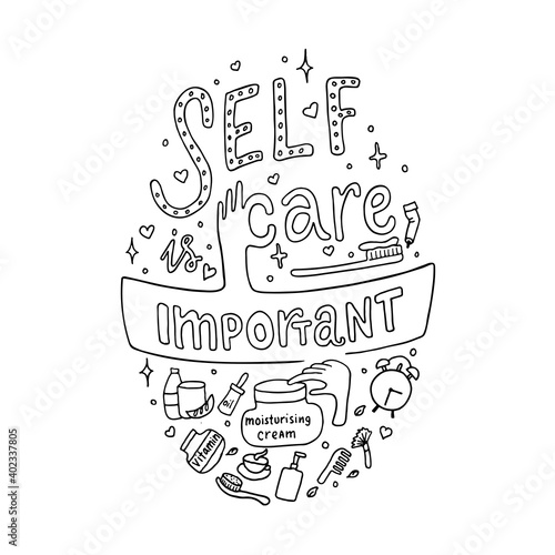 Self care is important lettering quotes for healthy lifestyle. Vector stock illustration isolated on white background for print industry, motivation phrase. EPS10