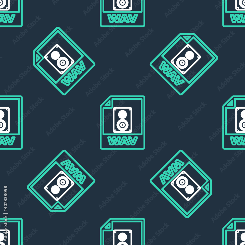 Line WAV file document. Download wav button icon isolated seamless pattern on black background. WAV waveform audio file format for digital audio riff files. Vector. Line WAV file document. Download wav button icon isolated seamless pattern on black background. WAV waveform audio file format for digital audio riff files. Vector.