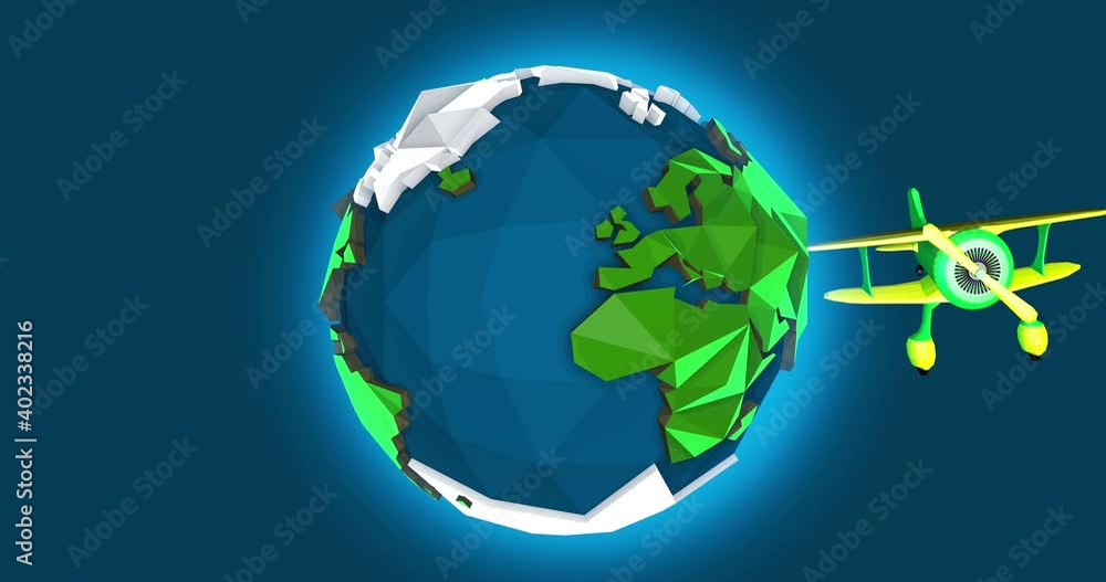 Animation a passing planet earth airplane low poly cartoon style. Animation a passing planet earth airplane low poly cartoon style.