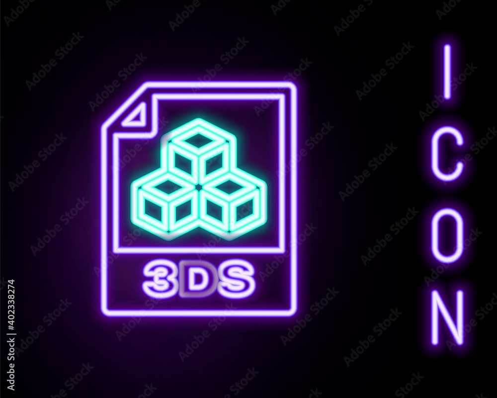 Glowing neon line 3DS file document. Download 3ds button icon isolated on black background. 3DS file symbol. Colorful outline concept. Vector. Glowing neon line 3DS file document. Download 3ds button icon isolated on black background. 3DS file symbol. Colorful outline concept. Vector.