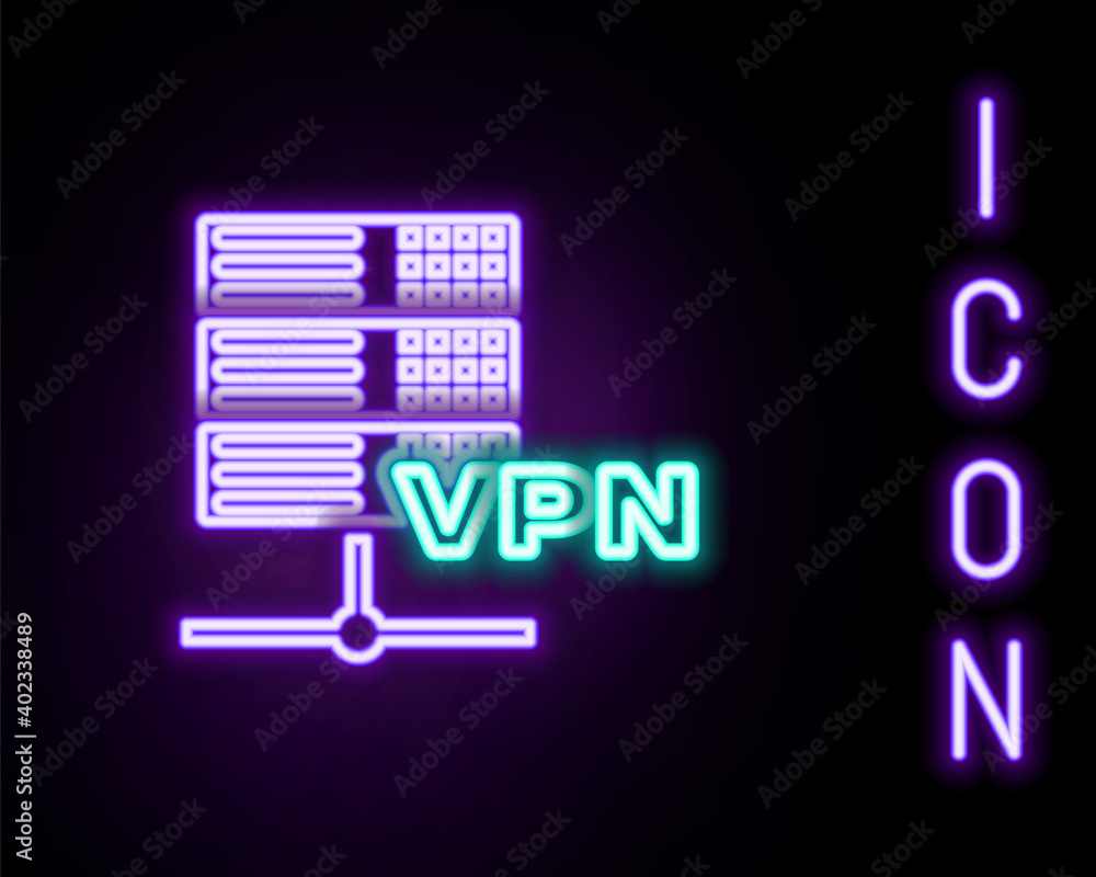 Glowing neon line Server VPN icon isolated on black background. Colorful outline concept. Vector. Glowing neon line Server VPN icon isolated on black background. Colorful outline concept. Vector.