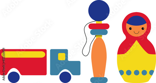 Childhood wooden toys in primitive style isolated on white background, truck car, cute Russian nesting doll and bilboquet (cup-and-ball) game. Vintage type traditional play objects, safe for children.