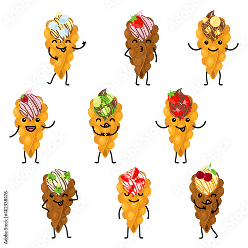 Set of kawaii bubble waffles with whapped cream. Cute hong kong waffles with a smile and hands and legs. Concept for children menu, advertising.