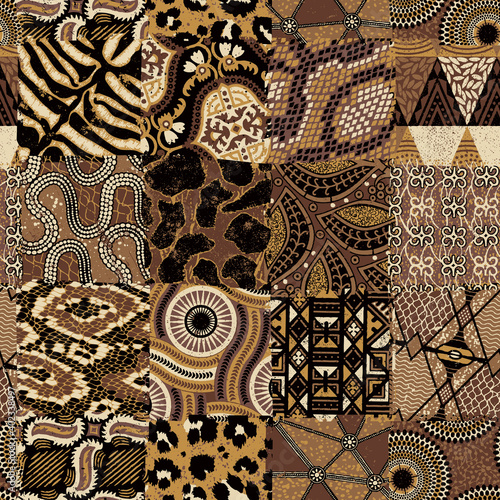 Traditional African fabric and wild animal skins patchwork abstract vector seamless pattern