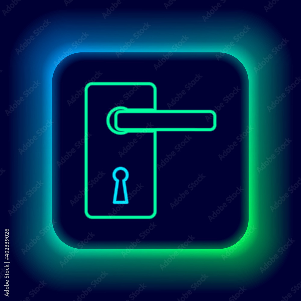 Glowing neon line Door handle icon isolated on black background. Door lock sign. Colorful outline concept. Vector. Glowing neon line Door handle icon isolated on black background. Door lock sign. Colorful outline concept. Vector.