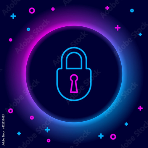 Glowing neon line Lock icon isolated on black background. Padlock sign. Security, safety, protection, privacy concept. Colorful outline concept. Vector.