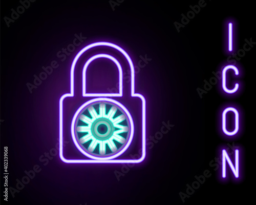 Glowing neon line Safe combination lock wheel icon isolated on black background. Combination padlock. Security, safety, protection, password, privacy. Colorful outline concept. Vector.
