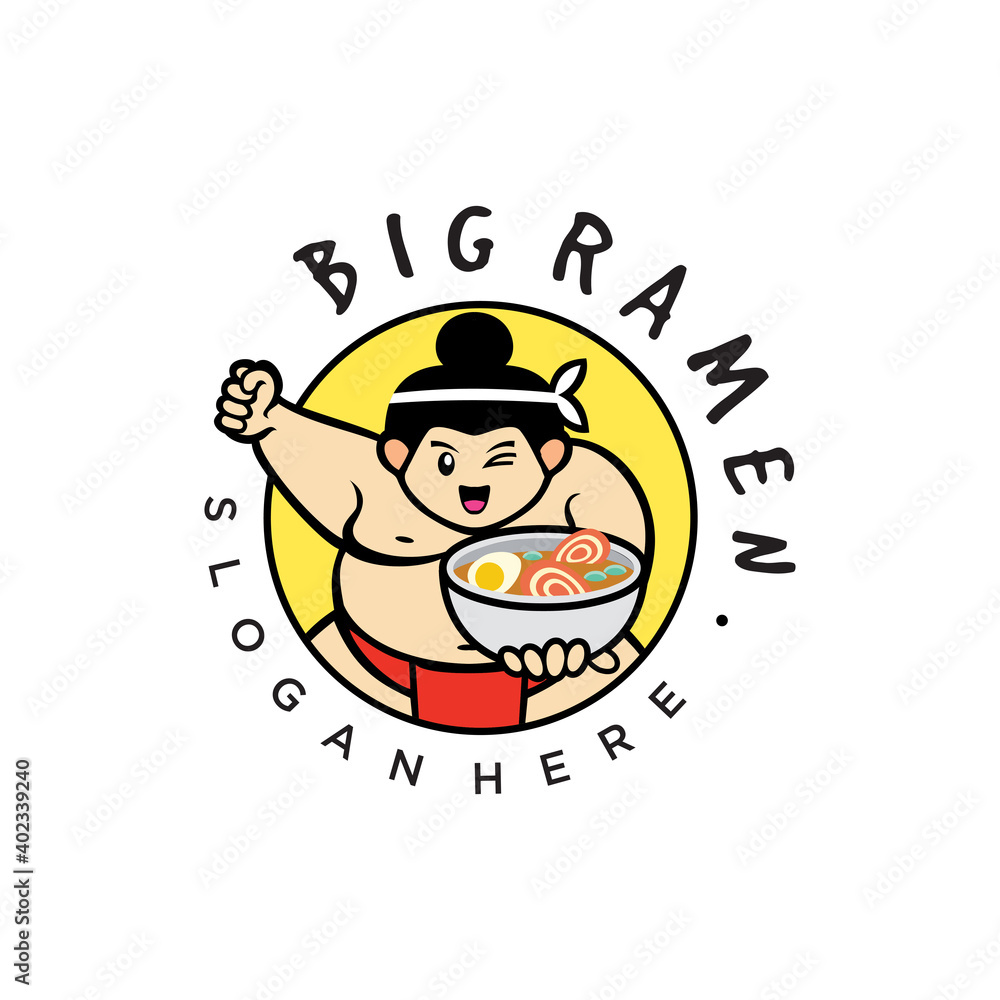 Sumo wrestlers. Japanese Noodle logo Design Flat Style. Sumo fighter with a bowl of ramen with chopsticks.Big Soup Ramen Sumo wrestlers. Japanese Noodle logo Design Flat Style. Sumo fighter with a bowl of ramen with chopsticks.Big Soup Ramen