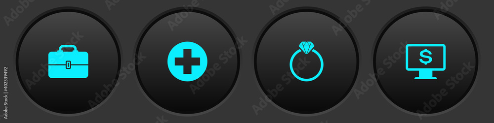 Set Toolbox, Medical cross in circle, Diamond engagement ring and Monitor with dollar icon. Vector. Set Toolbox, Medical cross in circle, Diamond engagement ring and Monitor with dollar icon. Vector.