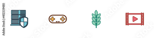 Set Server with shield, Gamepad, Wheat and Play Video icon. Vector.